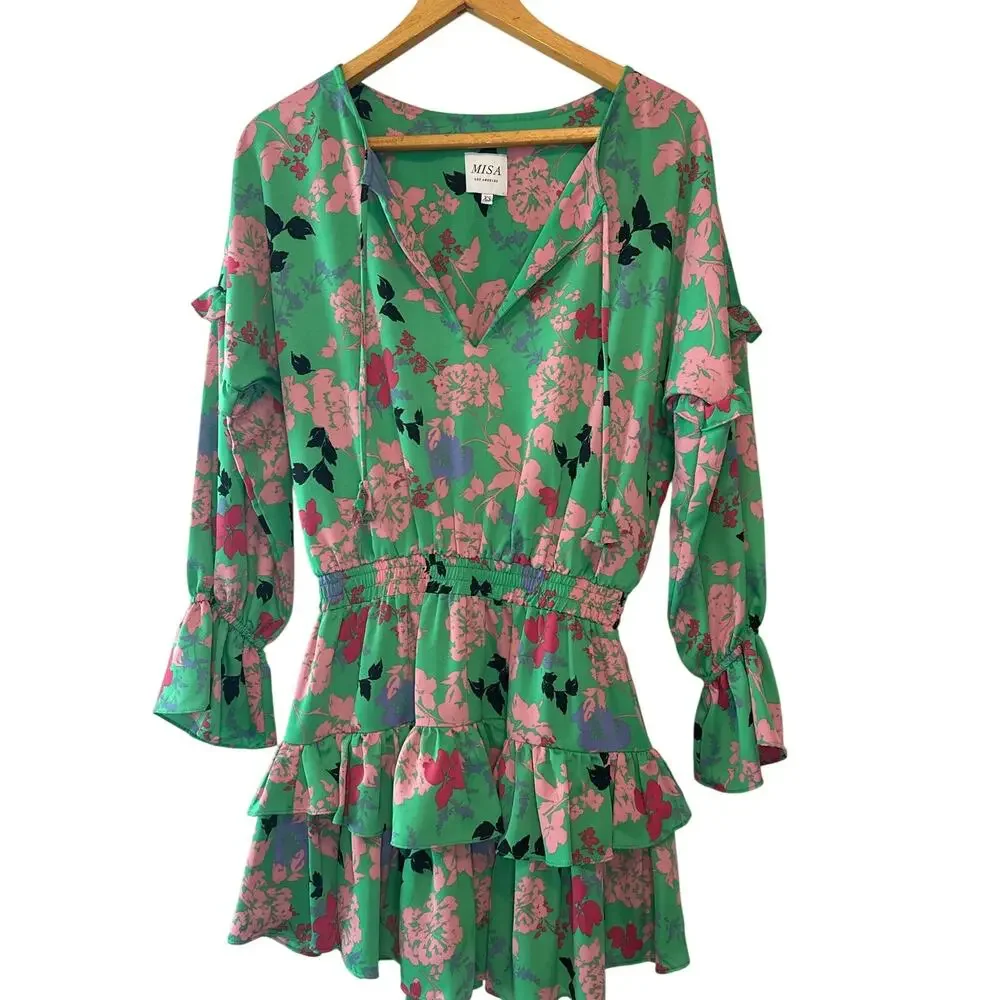 MISA Los Angeles Amalya Green Floral Tiered Ruffle Mini Dress XS Boho - Picture 3 of 11